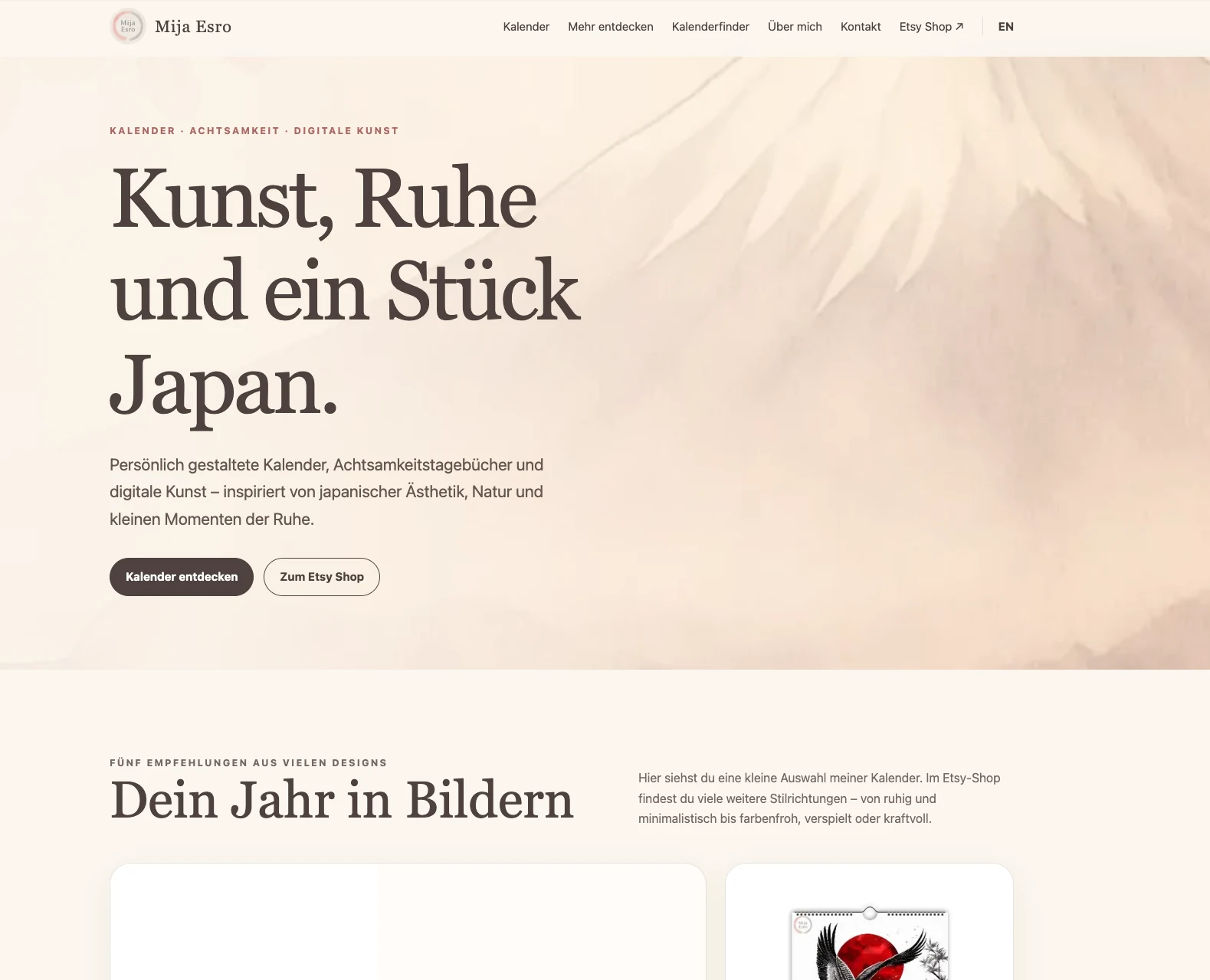 Startseite der von SagBot entwickelten Website Mija Esro mit japanisch inspiriertem Kalenderdesign